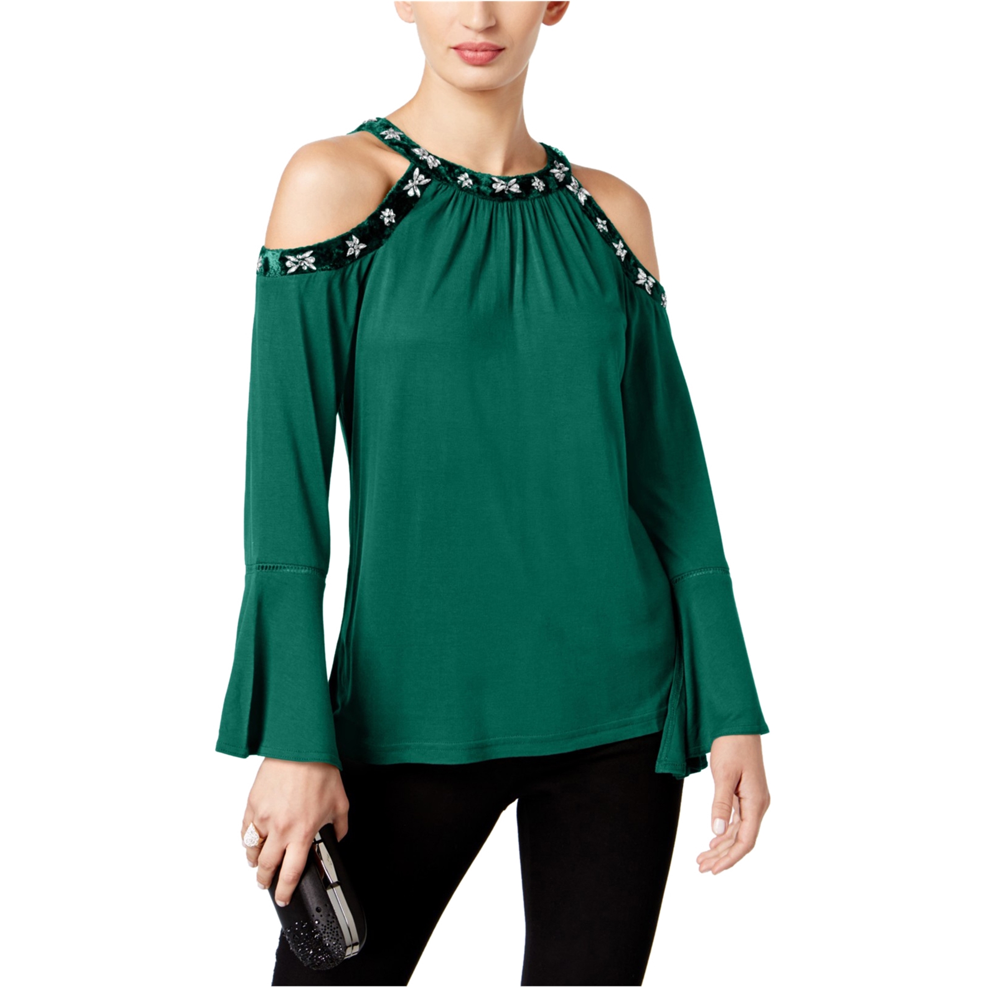 I.N.C Womens Embellished Cold Shoulder Blouse, Green, Small